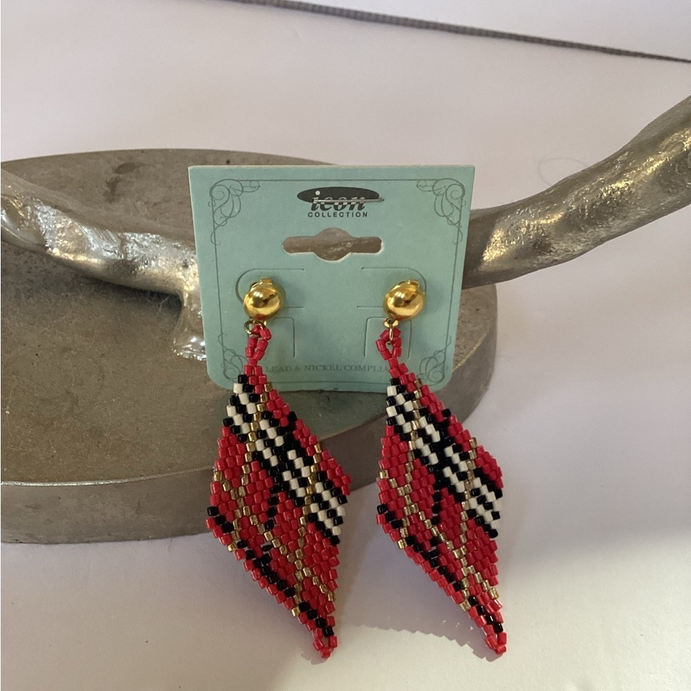 ICON Red and Black Beaded Dangle Earrings, Pierced NWT